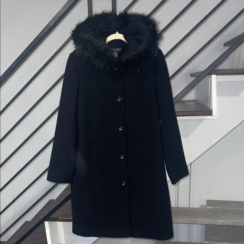 apostrophe Wool Long Trench Coat Jacket Medium Faux Fur Hood Timeless Classic
